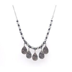 Silver‎ Black Bead Statement Necklace Floral Teardrop Bold